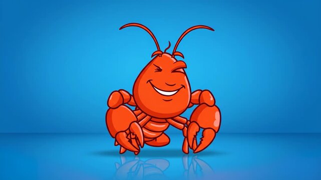 A fun 2D vector illustration of a red lobster character. The lobster has a friendly smile, is winking, and has its claws raised. This bright character is isolated on a vibrant blue background.