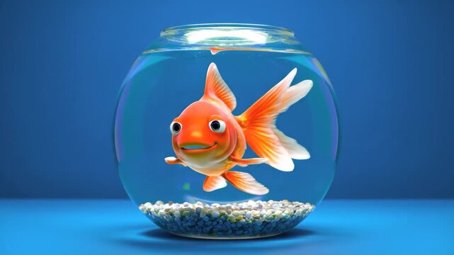A humorous 3D rendered cartoon goldfish character with big expressive eyes swimming happily inside a classic round glass fishbowl with white pebbles. Set against a clean blue studio background, this p