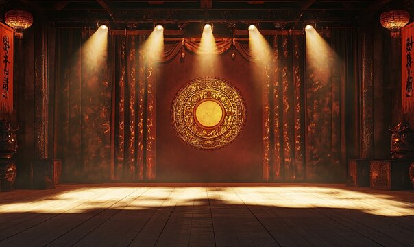 Traditional Performing Arts Backdrop: Decorative Oriental Stage with Mist and Cinematic Spotlights