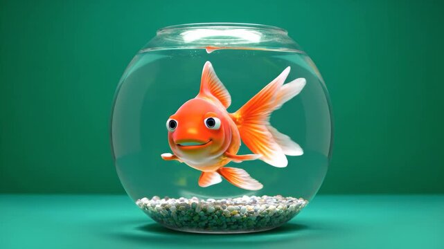 A vibrant orange goldfish with a cheerful expression swims inside a round glass bowl filled with water and white gravel at the bottom. This 3D-style character illustration is ideal for pet care, aquat