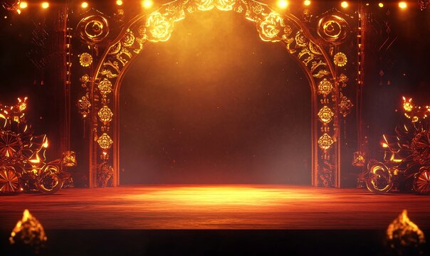 Grand Theater Background with Intricate Dragon Carvings and Red Lighting