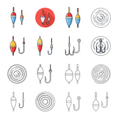 Fishing Floats and Hooks Set - Colorful and Line Art Icons © Tembok