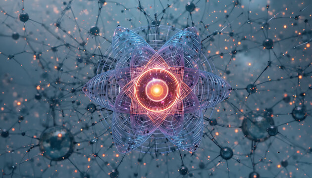 Vibrant digital artwork of an atomic structure with glowing orange core and intricate blue lines on a network background