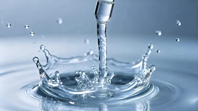 Water drop falling into clear liquid creating ripple waves