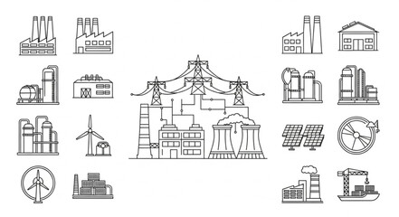 Fototapeta premium Collection of Industrial Factory Building Illustrations and Icons.