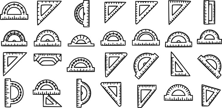 Black and white line art collection of geometric measuring tools including protractors and triangles for education and drafting.