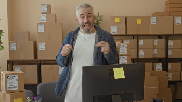Man pointing at computer monitor amid stacked parcels and cardboard boxes in a shipping office building; ecommerce excitement.