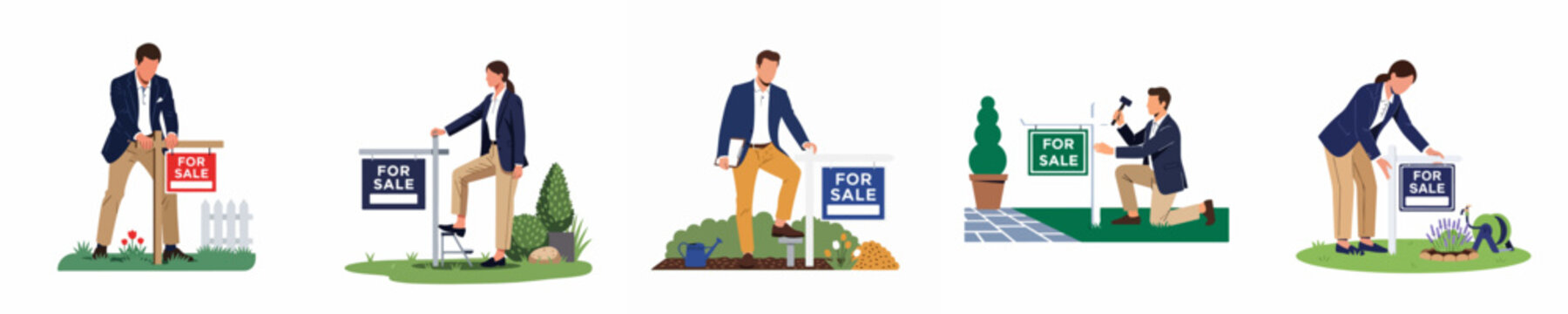 Set of vector illustrations depicting professional real estate agents installing for sale signs in various garden settings on a white background.