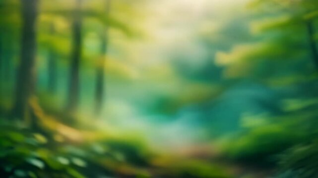 Abstract nature background video featuring a blurred forest with soft sunlight filtering through green leaves in a slow-motion cinematic sequence for peaceful atmosphere and design.