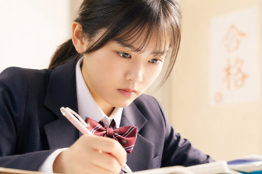 真剣に勉強する制服姿の女子中高生、受験生、試験対策、教育、学習、努力　Generative AI