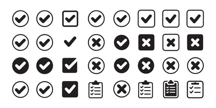 Collection of assorted check mark and cross icons in various shapes and styles for design.