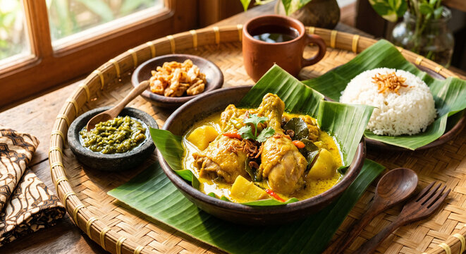 Traditional Indonesian cuisine, delicious beef rendang and chicken satay with peanut sauce served on banana leaf, authentic asian street food and spicy culinary.