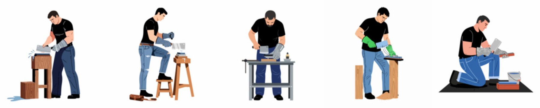 Collection of illustrations showing a man in protective gear sharpening a large meat cleaver on whetstones in various positions and settings.