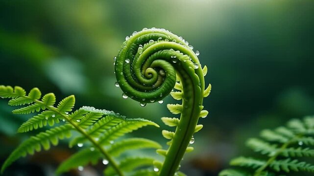 Fern fiddlehead macro video. Young green spiral frond with water droplets. Tropical forest background. Static close up shot of spring nature growth and botanical ecology.