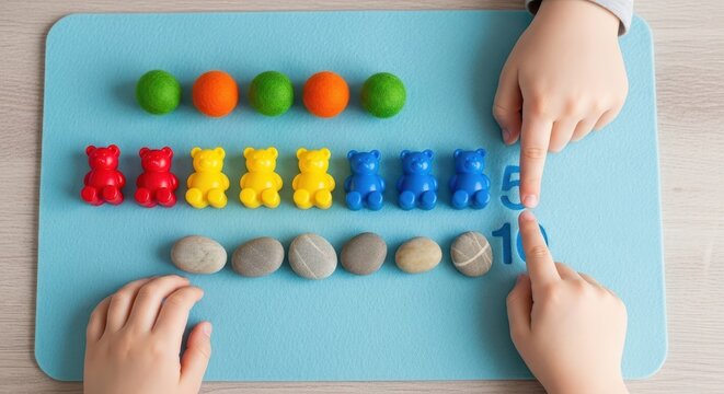 Children use colorful counters and stones to practice basic math skills on a blue mat.