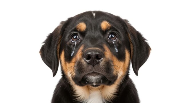Sad crying puppy with tears, black and tan rottweiler dog portrait, emotional pet face on white background, lonely abandoned animal concept