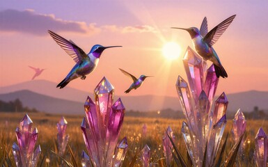 Obraz premium Hummingbirds soar above glowing purple crystals at sunset in a