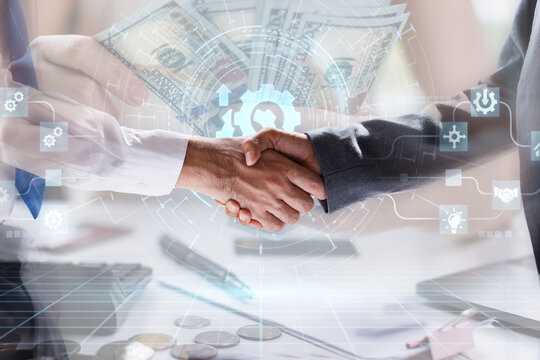 Business Handshake with Money and Digital Interface, Financial Partnership, Investment and Successful Deal Concept