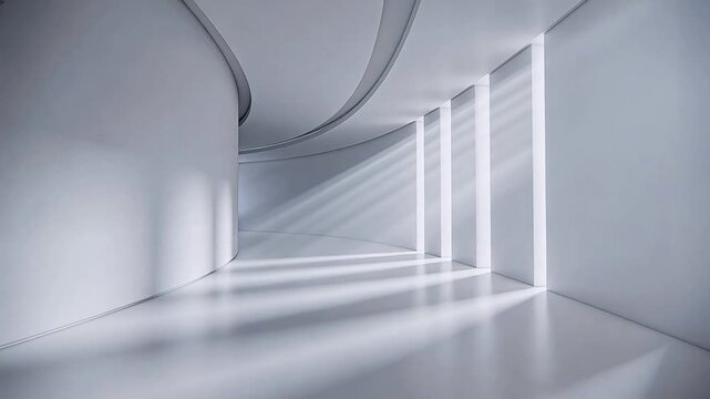Minimalist white interior space with curved walls and bright natural light