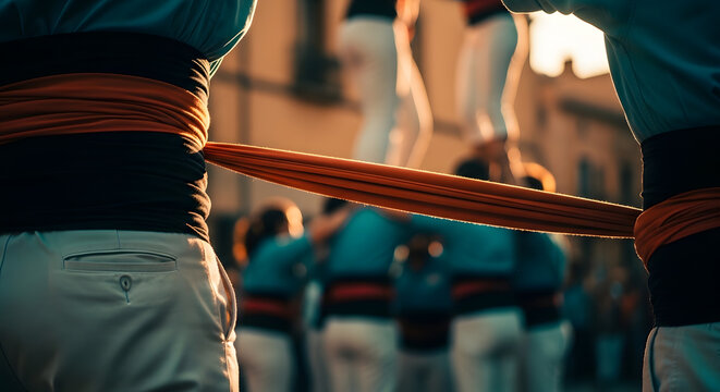 Close up of people building a human tower wearing traditional sashes