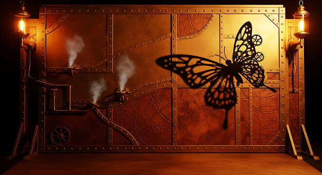 Steampunk butterfly silhouette on riveted copper wall with steam image