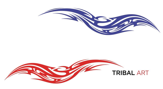 Abstract tribal flame art elements in blue and red.