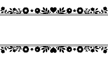 Black and white floral frame border with heart motifs. © Camilia_Deena