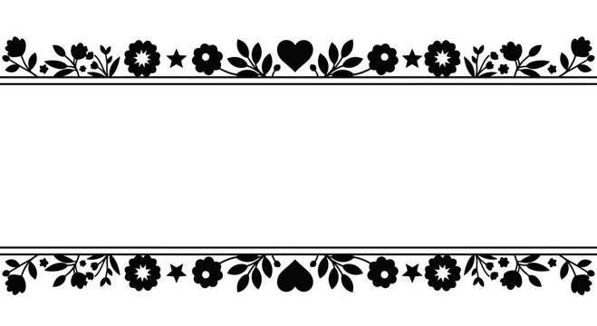 Black and white floral frame border with heart motifs.