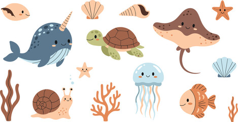 Cute Underwater Sea Creatures Vector Illustration with Narwhal, Turtle, Stingray, Jellyfish, Fish, Starfish, Shells, Coral, and Ocean Plants Design © Mahamuda Studio 