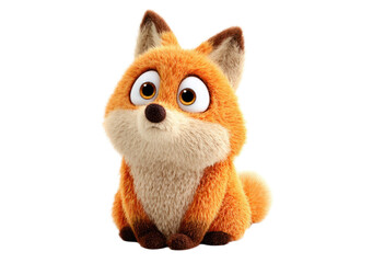 Fototapeta premium Plush fox toy with large expressive eyes sitting on the floor, featuring orange and white fur, soft texture, and a cute, friendly appearance