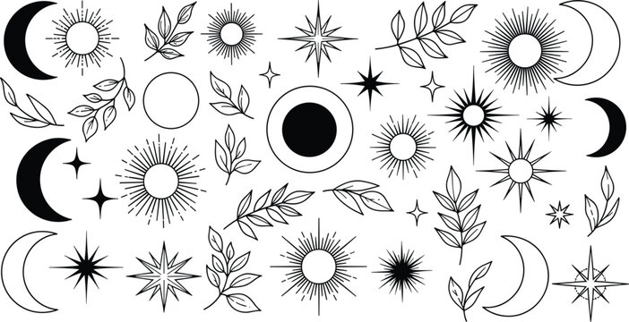 Celestial Sun, Moon, and Star Illustration Set with Leaves for Bohemian, Spiritual, and Nature-Inspired Designs