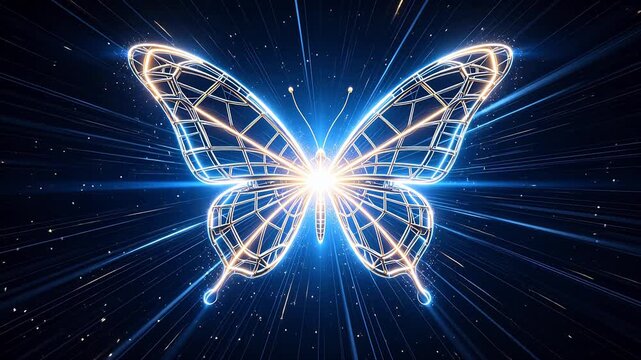 Glowing digital butterfly with blue and orange wings on black space background