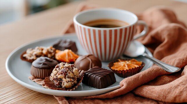 Cozy cup of coffee beside assorted chocolate treats. Plate rests on warm, textured fabric