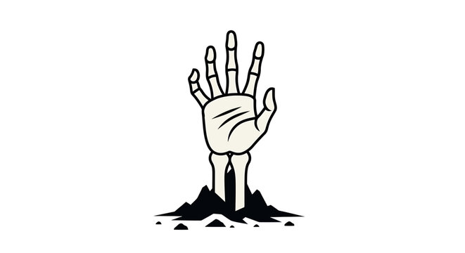 Chilling illustration of an eerie skeletal hand breaking through dark earth, symbolizing resurrection from the grave or a spooky horror concept for Halloween designs