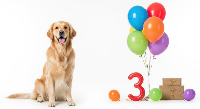 Golden Retriever dog celebrating 3rd birthday with colorful balloons and gift boxes, happy pet sitting on white background, third anniversary animal portrait