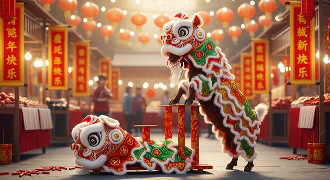 Vibrant Chinese New Year Lion Dance with Lanterns and Festive Market Celebration