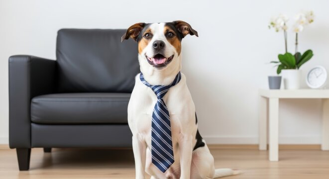 Professional business dog wearing blue necktie in modern office, happy corporate pet sitting in bright living room, funny canine employee concept