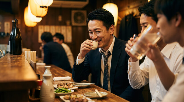 Smiling Japanese businessman drinking sake at an Izakaya pub. Corporate colleagues enjoying after work drinks and food at a wooden bar counter