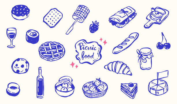 picnic foods drink doodle hand drawn vector collection set