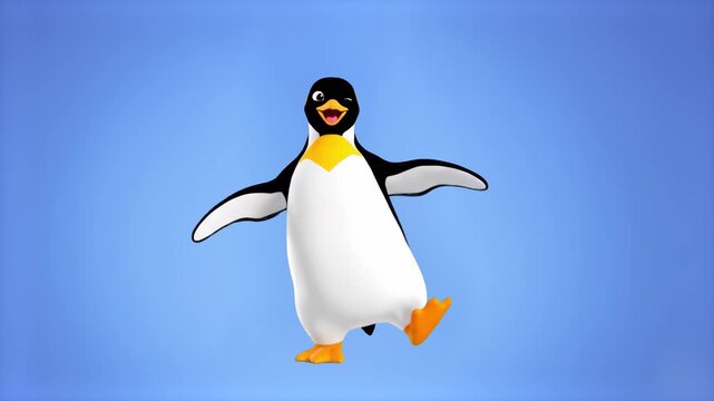 A playful 3D animated penguin mascot dancing with high energy. Set against a solid dark blue background, this character is ideal for brand mascots, winter holiday promotions, and mobile game animation