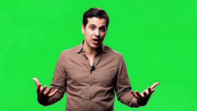 Young man gesturing and speaking on green screen, explaining or presenting, ready for chroma key compositing in video production.