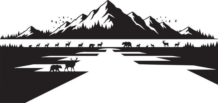 Black silhouette mountain landscape, deer herd, scenic nature vector, wilderness backdrop