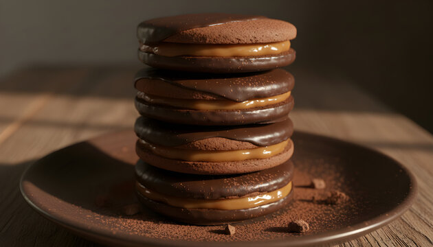 Stack of chocolate alfajores filled with dulce de leche