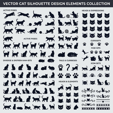 Vector cat silhouette design elements collection showing various poses, heads, paw prints, and decorative motifs for graphic design projects.