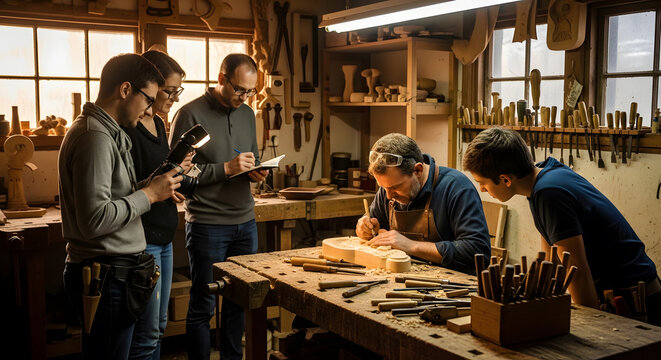 Professional Woodworker Teaching Traditional Carving Skills To Students