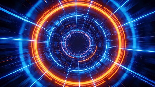 Abstract tunnel with concentric blue and orange neon rings and motion lines