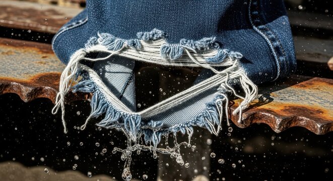 Frayed denim fabric hangs over a weathered metal surface with water splashing around it.