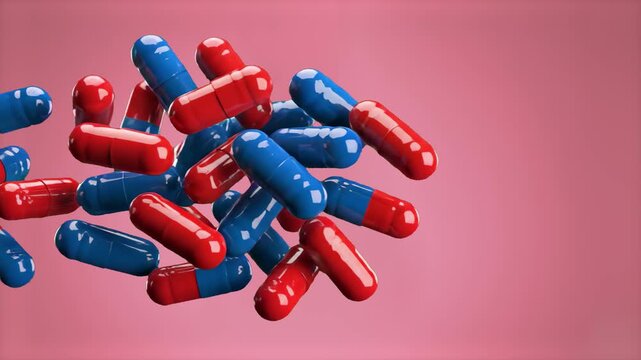 Realistic 3D render of red and blue medicine capsules falling against a soft pink studio background. Ideal for modern healthcare advertisements and pharmaceutical presentations.