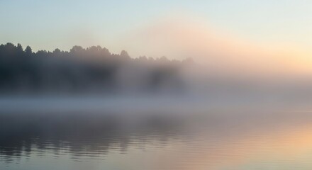 Fototapeta premium A dense morning mist hangs low over a calm river at dawn, obscuring the distant trees and creating a serene, mysterious natural atmosphere, damp, ethereal, ripple