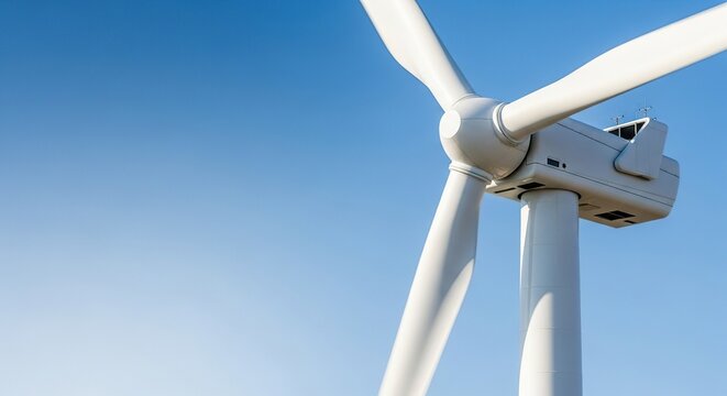 A detailed close-up of a modern white wind turbine nacelle and rotating blades against a clear blue sky, representing sustainable power, blades, industrial, carbon-free
